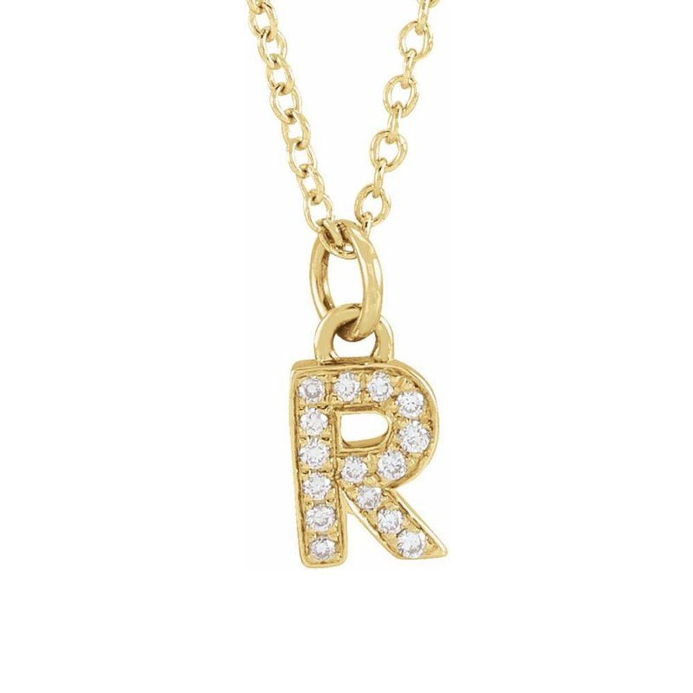 14K Yellow Gold .05 CTW Diamond Tiny Initial R Necklace, 16-18 Inch